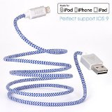 Apple MFi certified iasg cotton braided lightning cable with reversible USB for iPhone5s 6 6s 6 plus iPad Pro Air2 Air mini4 2 iPod touch 5th generationiPod nano 7th gen 33feet1meter white and blue