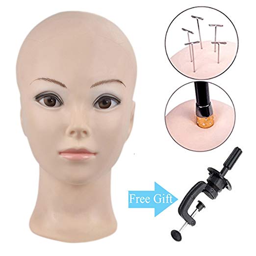 Training Head Cosmetology Professional Bald Manikin Head for Wigs Making and Display Doll Head with a Free Clamp
