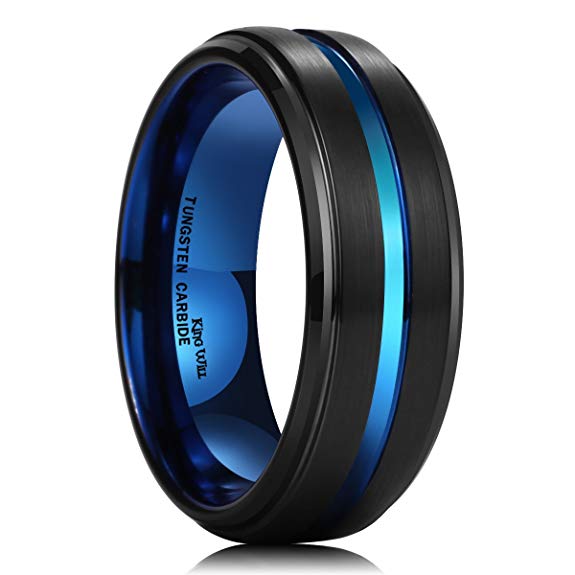 King Will Duo Mens 7mm 8mm Tungsten Carbide Ring Rose Gold/Yellow Gold/Blue/Plated Intermediate Groove Wedding Band