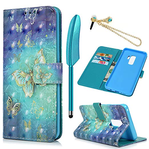 Galaxy S9 Case(Not Plus), MOLLYCOOCLE 3D Relief Pattern Wallet Case PU Leather Soft TPU Inner Bumper Ultra Slim Fit Protective Cover for Samsung Galaxy S9, Blue Butterfly