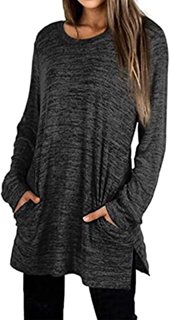 Women's Casual Long Sleeve Shirts - Tunic Tops with Pockets Side Slit Sweatshirt Loose Fit Pullover Shirts Nicytore