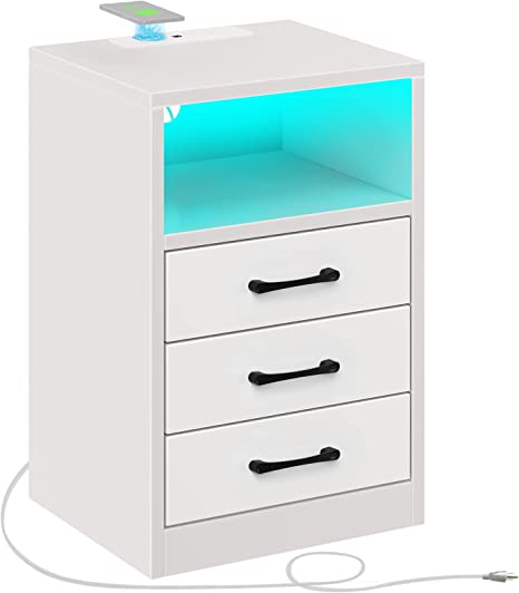 Rolanstar Nightstand with Wireless Charging Station and LED Lights, Tool Free Quick Install Modern End Table with 3 Drawers, Side Table for Bedroom, White