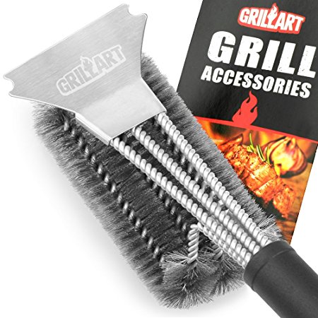Grill Brush and Scraper - GRILLART Best BBQ Brush for Grill, Safe 18" Stainless Steel Woven Wire 3 in 1 Bristles Grill Cleaning Brush for Weber Gas/Charcoal Grill, Gifts for Grill Wizard - NEW ARRIVAL