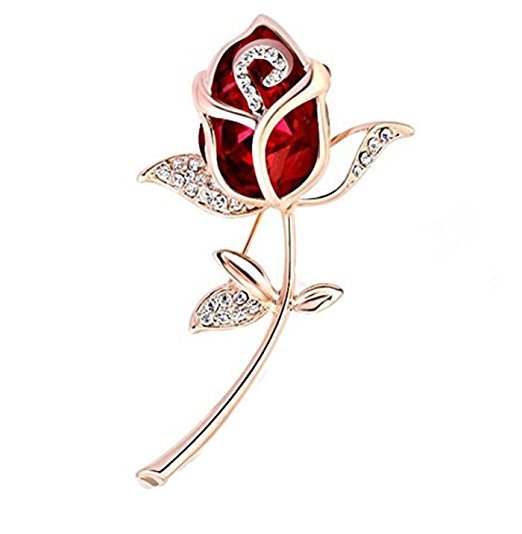Chinget Crystal Rose with Rhinestone Gold Plated Rose Flower Brooch for Women Gifts Garment Accessories (Red)