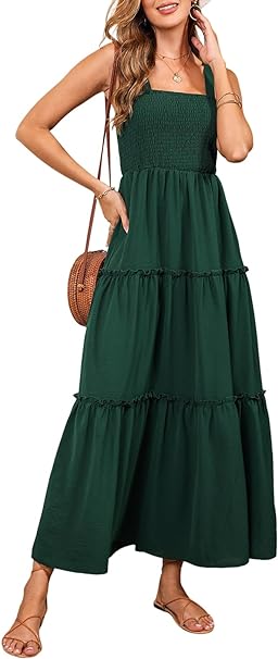 Dokotoo Summer Dress Casual Womens Sleeveless Midi Dress with Pockets Pleat Long Tiered Maxi Dress