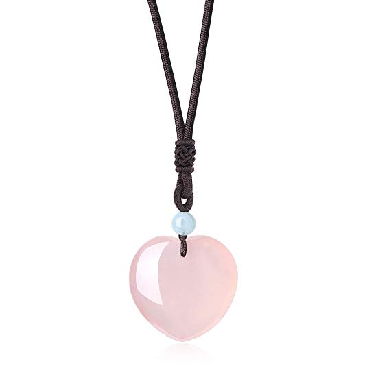 AmorWing Reiki Chakra Gemstone Rose Quartz Healing Crystals Heart Pendant Necklace for Women