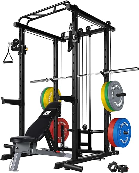 RitFit Multi-function Squat Rack Power Cage PPC03 with Cable Crossover System, 1000LBS Capacity Power Rack and Packages with Optional Weight Bench, Olympic Barbell Weight Set, for Garage & Home Gym