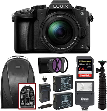 Panasonic LUMIX G85MK 4K Mirrorless Interchangeable Lens Camera Kit, 12-60mm Lens, Sandisk 170MB/s 64GB, 2 Spare Batteries, Charger, Backpack, Spider Tripod, Filter Kit, and Flash Bundle (7 Items)