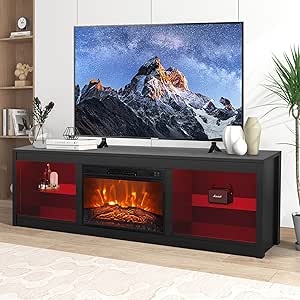 66 inch Electric Fireplace TV Stand up to 75'' TV-Entertainment Center with 24'' Fireplace and Led Light-TV Console with Adjustable Glass Shelves, Remote Control (Black with Fireplace)