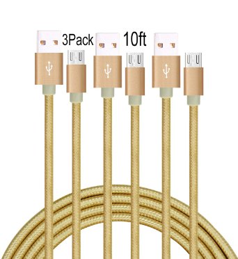 Suplink 3-pack 10ft Micro USB to USB Cable 2.0 Nylon Braided Extremely Long USB Charging Cable for Android, Samsung Galaxy, HTC, Nokia, Huawei, Sony and Other Tablet Smartphone (gold)