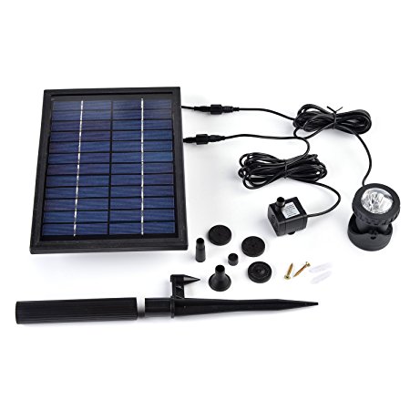 EOSAGA Solar Fountain Pump with Submersible LED Light and 5W Built-in Storage Battery, Outdoor Water Fountains Kit for Bird Bath, Pool, Garden, Hydroponics