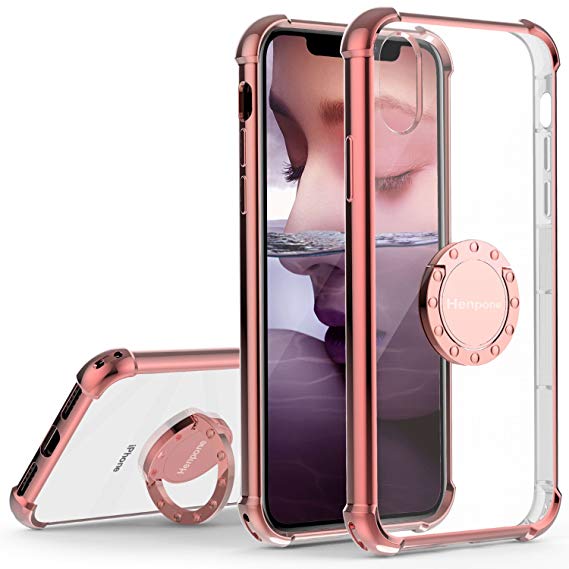 Henpone iPhone X Case, iPhone Xs Case, Clear Back Cover with 360 Rotating Ring Stand Kickstand Holder Shockproof Impact Resistant Drop Protection Phone Case for Apple iPhone X/XS - Pink