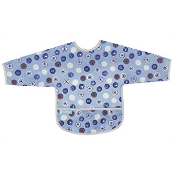 Kushies Cleanbib Waterproof Feeding Bib with Sleeves and Catch All/Crumb Catcher Pocket. Wipe Clean and Reuse! Lightweight for Comfort, Baby Boys, 12-24 Months, Blue Crazy Circles 2