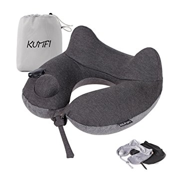 KUMFI Travel Pillow Push-Button Inflatable Neck Pillow Adjustable Firmness with Two Replaceable Pillowcase