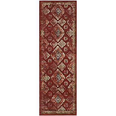 Superior Mayfair Collection Area Rug, 8mm Pile Height with Jute Backing, Vintage Distressed Medallion Pattern, Fashionable and Affordable Woven Rugs - 2'7" x 8' Runner, Red