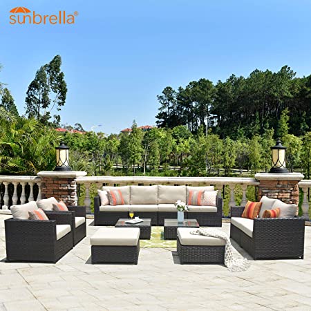 ovios Patio Furniture Set, Big Size Sunbrella Outdoor Furniture 12 Pcs Sets,PE Rattan Wicker sectional with 4 Pillows and 2 Covers, No Assembly Required (12 Piece Big Size, Beige Sunbrella)