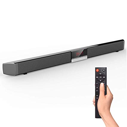 Sound Bar, 2.0 Channel Wired&Wireless Bluetooth Stereo Soundbar, Three Equalizer Mode Audio Speaker for TV (Optical Cable Included,DSP,Bass Adjustable,Wall Mountable)