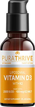 PuraTHRIVE Liquid Vitamin D3 with K2. Best Absorption with Liposomal Delivery. 2oz. (60ml). GMO Free, Gluten Free, Made in USA. D3 . Provides D3 2500iu with K2 100 mcg MK-7.