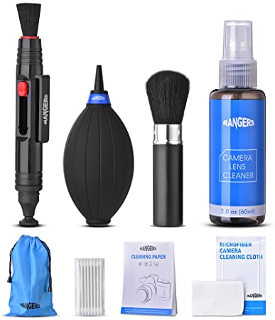 Rangers Camera Cleaning Kit for Lens, DSLR Cameras, 60ml non-toxic alcohol-free cleaning solution, improved uni-body air blower, retractable lens cleanning pen, cleaning pen vacuum microfiber cleaning cloth