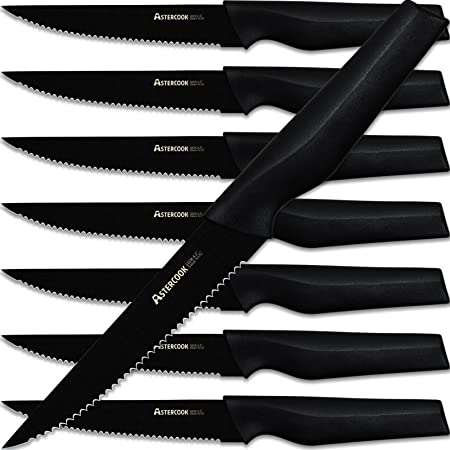 Steak Knives Set of 8, Stainless Steel Serrated Steak Knife Set, Astercook Dishwasher Safe, Black