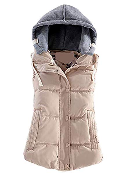 Women's Casual Winter Outerwear Waistcoat Quilted Padded Puffer Vest with Removable Hood