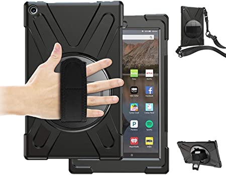 Fire HD 10 Case 9th Generation with Stand | TSQ Kindle Fire HD 10 Case Heavy Duty Shockproof | Rugged Protective Case w/Hand Shoulder Strap for Amazon Fire HD 10 Tablet for Kids 2018/2017/2019, Black