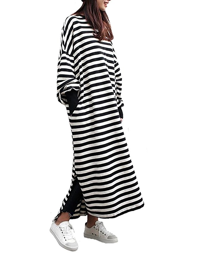 ZANZEA Women's Kaftan Crew Neck Batwing Long Sleeve Casual Loose Maxi Long Dress Sweatshirt