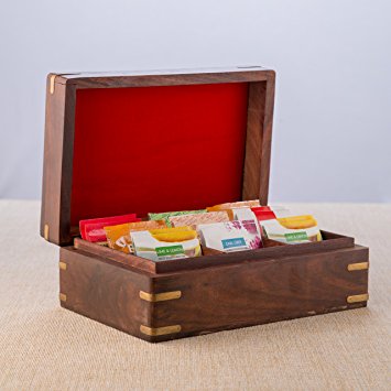 Rusticity Indian Rosewood Antique Treasure Storage Chest Box for Condiment Spice&Jewellery/Vintage Rustic Keepsake Trinket Organizer w/ 9 Compartments/Handmade Decorative Sheesham Wood Caddy Tea Bag