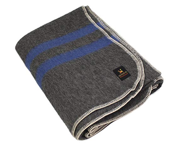 Putuco Thick Alpaca Wool Blanket (Queen, Gray - Blue Stripes)