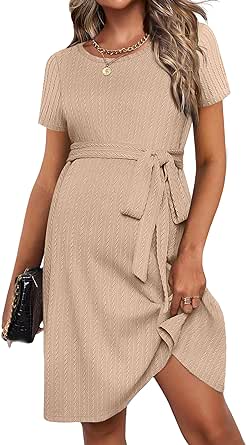 Ekouaer Women's Maternity Dress Short Sleeve Casual Pregnancy Dresses Rib Knit Crewneck Pregnant Clothes with Belt