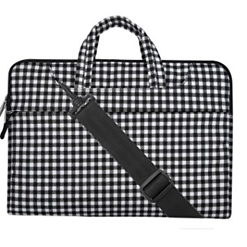 Mosiso Canvas Fabric Laptop Sleeve Case Cover Bag with Shoulder Strap for 13-13.3 Inch MacBook Pro / Air, Notebook, Black and White Checkered Pattern