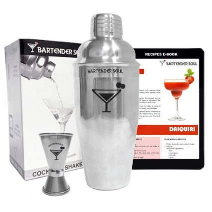 Bartender Soul Lite Cocktail Shaker Set - Limited Edition - Professional 18oz Bar Mixer Kit w/ Built-In Strainer, Jigger and Cocktail Recipes eBook - Premium Stainless Steel.