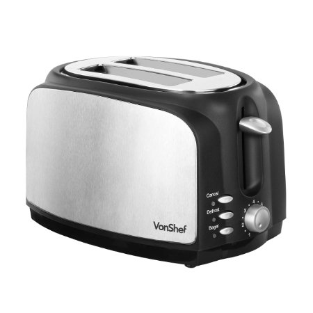 VonShef 700W 2-Slice Wide Slot Toaster with High Lift Lever and Slide-out Crumb Tray - Stainless Steel