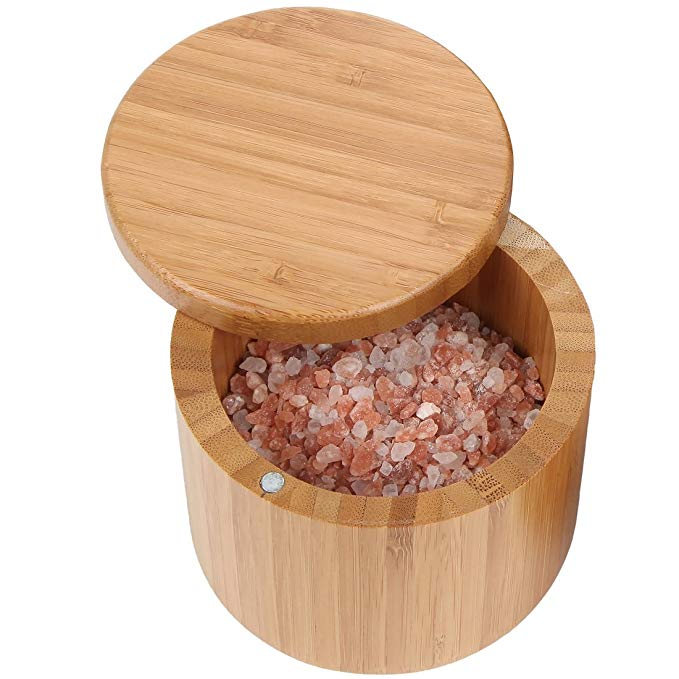 Lily's Home Round Bamboo Jar, Salt and Spices Storage Container, Small 6oz Salt Wooden Box With Magnetic Lock