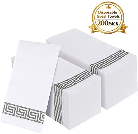 200 PACK Guest Towels Disposable Bathroom, Decorative Bathroom Napkins, Soft and Absorbent Disposable Dinner Napkin Linens Like for Kitchen, Parties, Weddings, Thanksgiving, Christmas Party(Silver)