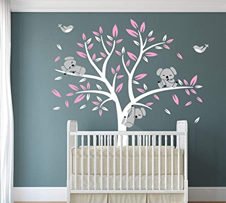 LUCKKYY Three Cute Koalas Tree Branches Wall Decal Wall Sticke Wall Decal Vinyl Wall Sticker Baby Nursery Decor Kids Room Decoration (Pink)