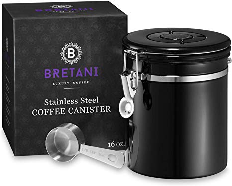 Bretani 16 oz. Stainless Steel Coffee Canister & Scoop Set - Medium Airtight Kitchen Storage Container for Storing Beans & Grounds - Black