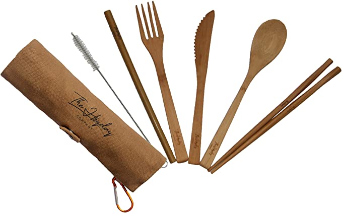 THE HEYDAY Bamboo Cutlery Set | Bamboo Utensils | Bamboo Flatware | Outdoor & Camping Eco-Friendly Travel Set | Bamboo Gift Set includes Knife, Fork, Spoon, Chopsticks, Straw FDA Certified (Brown)