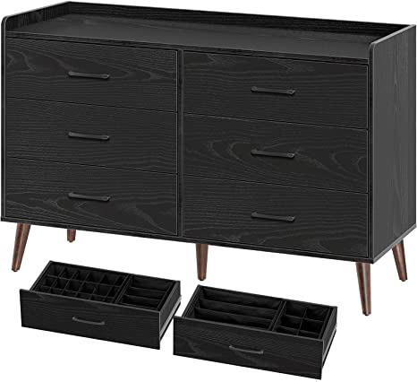 Rolanstar Drawer Dresser-Tool Free Quick Install, 6 Drawers Storage Dresser with Foldable Drawer Dividers, Modern Chest of Drawer, Black（Tool Free Except Drawer Handle and Foot）