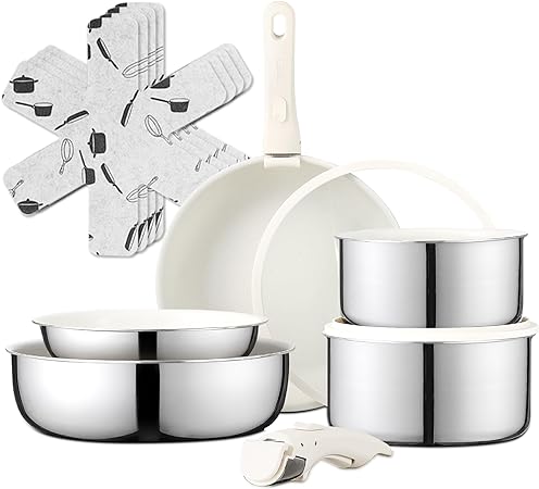 CAROTE 13pcs Stainless Steel Pots and Pans Set with Removable Handle, Ceramic Cookware Set with Detachable Handle, RV Kitchen Cookware Set, Oven Safe