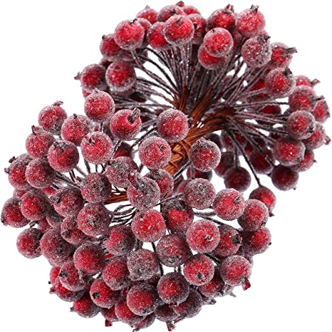 Tatuo Artificial Frosted Holly Berries Fake 12 mm Mini Christmas Fruit Berry Flower Decor (Dark Red, 400)