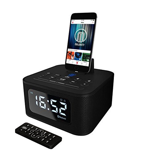 Neptune Speaker Docking Station Bluetooth Alarm Clock FM Radio Lightning Dock for iPhone 5 5S 5C 6 6  6S 7 7  iPad Air Mini iPod (Black)