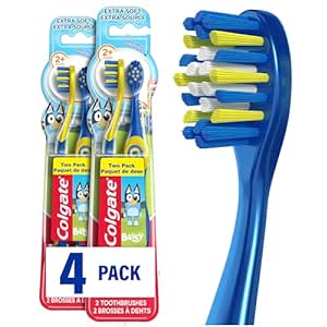 Colgate Extra Soft Toothbrush for Kids, Kids Toothbrush Pack with Built in Suction Cup Toothbrush Holder, Designed for Children Ages 2 and Up, Extra Soft Bristles, Bluey, 4 Pack