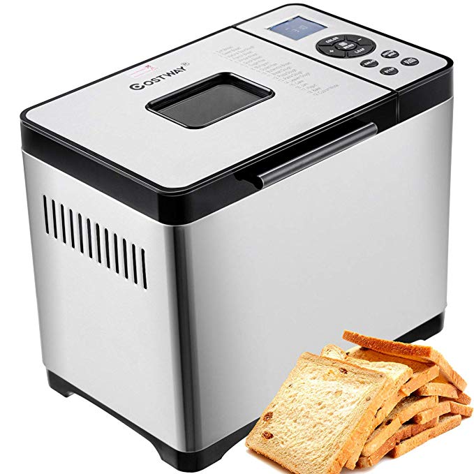 COSTWAY Bread Maker Stainless Steel Automatic Programmable Multifunctional Bread Machine with 19 Programs, 3 Loaf Sizes, 3 Crust Colors, 15 Hours Delay Timer, 1 Hour Keep Warm (19 Programs 650W)