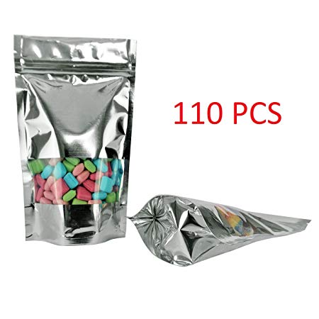 Bellvy 110 Smell Proof Bags | Mylar Bags | Silver with Window | 4x6 Inches | Resealable Zip Lock Treat Bags | Store Food, Coffee, Herbs | Heat Seal | Vacuum Seal | Great Sample Bags and Cookie Bags