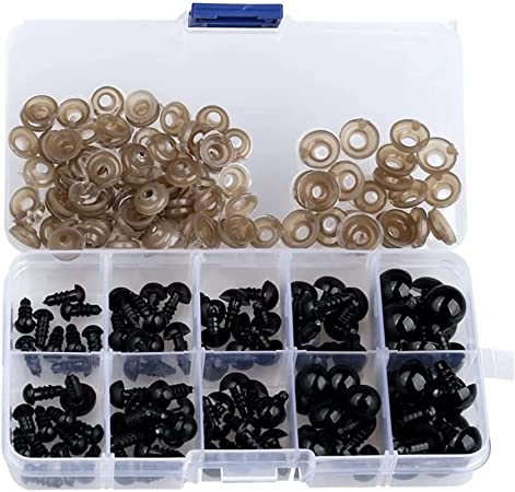 Haobase 100pcs 6-12mm Plastic Safety Eyes Black Solid Eyes with Washers for Teddy, Bear, Doll, Puppet and Crafts