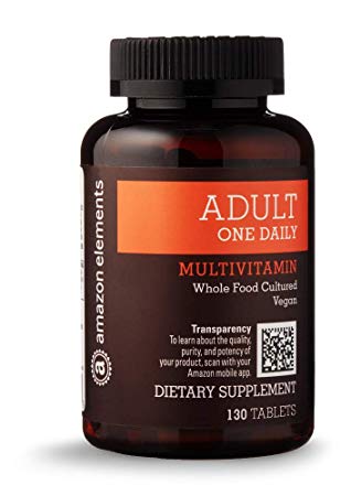 Amazon Brand - Amazon Elements Adult One Daily Multivitamin, 59% Whole Food Cultured, Vegan, 130 Tablets, 4 month supply