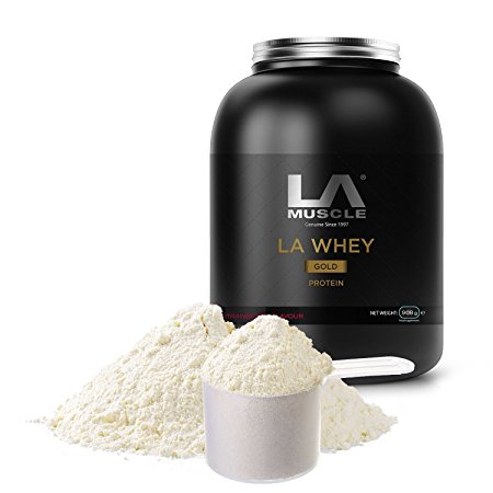 LA Muscle LA Whey Gold Protein Strawberry 908g. 100% pure whey protein powder supplement, Mouth Watering Taste, Easy Mixing, 49g of Muscle Building Protein per serving, Low in Carbs, Low in Fat, Helps Increase Recovery Quick, Fast Acting Whey Protein for Immediate gains in Lean Muscle Mass. Lifetime Moneyback Guarantee, RIsk Free Purchase