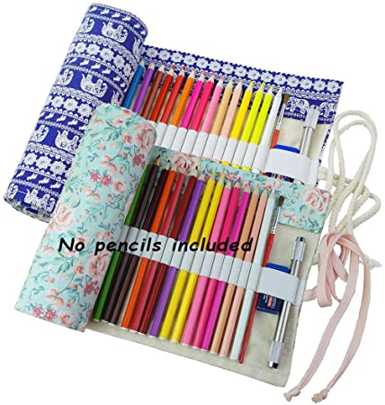 CreooGo 2Pcs/Pack Canvas Pencil Wrap, Pencils Roll Pouch Case Hold For 72 Colored Pencils (Pencils are NOT INCLUDED)-72 Slots, Countryside Style   Elephant Style