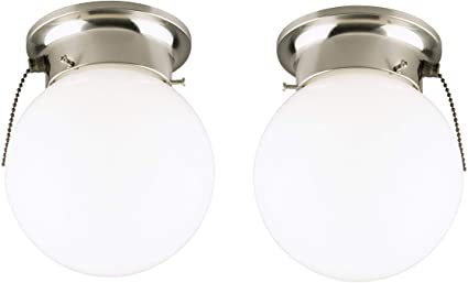 Westinghouse One-Light Flush-Mount Interior Ceiling Fixture with Pull Chain, Brushed Nickel Finish with White Glass Globe 2 Pack